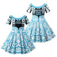 Custom Aotearoa Ngati Kahungunu Family Matching Summer Maxi Dress and Hawaiian Shirt New Zealand Traditional Maori Pattern DT05 Daughter's Dress Blue - Polynesian Pride