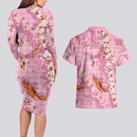 Pink Palaka Hawaiian And Japanese Couples Matching Long Sleeve Bodycon Dress and Hawaiian Shirt Sakura Lei With Koi Fish DT05 - Polynesian Pride