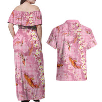 Pink Palaka Hawaiian And Japanese Couples Matching Off Shoulder Maxi Dress and Hawaiian Shirt Sakura Lei With Koi Fish DT05 - Polynesian Pride