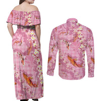 Pink Palaka Hawaiian And Japanese Couples Matching Off Shoulder Maxi Dress and Long Sleeve Button Shirt Sakura Lei With Koi Fish - Polynesian Pride