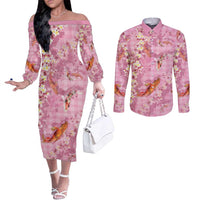 Pink Palaka Hawaiian And Japanese Couples Matching Off The Shoulder Long Sleeve Dress and Long Sleeve Button Shirt Sakura Lei With Koi Fish - Polynesian Pride