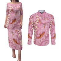 Pink Palaka Hawaiian And Japanese Couples Matching Puletasi and Long Sleeve Button Shirt Sakura Lei With Koi Fish - Polynesian Pride