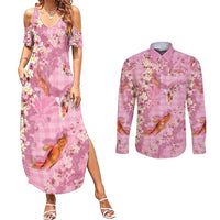 Pink Palaka Hawaiian And Japanese Couples Matching Summer Maxi Dress and Long Sleeve Button Shirt Sakura Lei With Koi Fish - Polynesian Pride