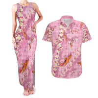 Pink Palaka Hawaiian And Japanese Couples Matching Tank Maxi Dress and Hawaiian Shirt Sakura Lei With Koi Fish DT05 Pink - Polynesian Pride