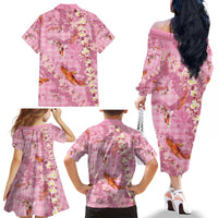 Pink Palaka Hawaiian And Japanese Family Matching Off The Shoulder Long Sleeve Dress and Hawaiian Shirt Sakura Lei With Koi Fish DT05 - Polynesian Pride