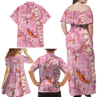 Pink Palaka Hawaiian And Japanese Family Matching Off Shoulder Maxi Dress and Hawaiian Shirt Sakura Lei With Koi Fish - Polynesian Pride