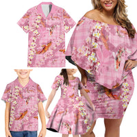 Pink Palaka Hawaiian And Japanese Family Matching Off Shoulder Short Dress and Hawaiian Shirt Sakura Lei With Koi Fish DT05 - Polynesian Pride