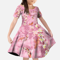 Pink Palaka Hawaiian And Japanese Family Matching Short Sleeve Bodycon Dress and Hawaiian Shirt Sakura Lei With Koi Fish - Polynesian Pride