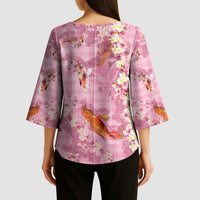 Pink Palaka Hawaiian And Japanese Kimono Sleeve Blouse Sakura Lei With Koi Fish - Polynesian Pride