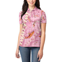 Pink Palaka Hawaiian And Japanese Women Polo Shirt Sakura Lei With Koi Fish - Polynesian Pride