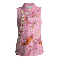 Pink Palaka Hawaiian And Japanese Women Sleeveless Polo Shirt Sakura Lei With Koi Fish - Polynesian Pride