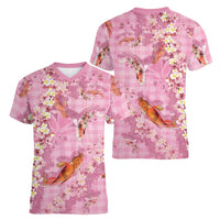 Pink Palaka Hawaiian And Japanese Women V-Neck T-Shirt Sakura Lei With Koi Fish - Polynesian Pride