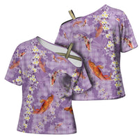Purple Palaka Hawaiian And Japanese Cross Shoulder Shirt Sakura Lei With Koi Fish - Polynesian Pride