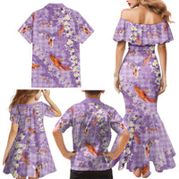 Purple Palaka Hawaiian And Japanese Family Matching Mermaid Dress and Hawaiian Shirt Sakura Lei With Koi Fish DT05 - Polynesian Pride