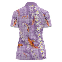 Purple Palaka Hawaiian And Japanese Women Polo Shirt Sakura Lei With Koi Fish - Polynesian Pride