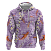 Purple Palaka Hawaiian And Japanese Zip Hoodie Sakura Lei With Koi Fish - Polynesian Pride