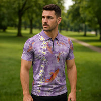 Purple Palaka Hawaiian And Japanese Zipper Polo Shirt Sakura Lei With Koi Fish - Polynesian Pride