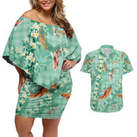 Green Palaka Hawaiian And Japanese Couples Matching Off Shoulder Short Dress and Hawaiian Shirt Sakura Lei With Koi Fish DT05 Green - Polynesian Pride