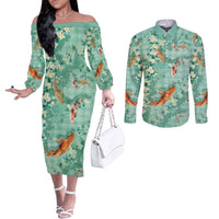 Green Palaka Hawaiian And Japanese Couples Matching Off The Shoulder Long Sleeve Dress and Long Sleeve Button Shirt Sakura Lei With Koi Fish DT05 Green - Polynesian Pride