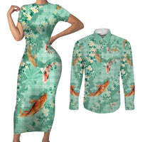 Green Palaka Hawaiian And Japanese Couples Matching Short Sleeve Bodycon Dress and Long Sleeve Button Shirt Sakura Lei With Koi Fish DT05 Green - Polynesian Pride