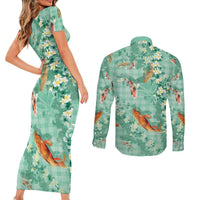 Green Palaka Hawaiian And Japanese Couples Matching Short Sleeve Bodycon Dress and Long Sleeve Button Shirt Sakura Lei With Koi Fish DT05 - Polynesian Pride