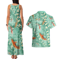 Green Palaka Hawaiian And Japanese Couples Matching Tank Maxi Dress and Hawaiian Shirt Sakura Lei With Koi Fish DT05 - Polynesian Pride