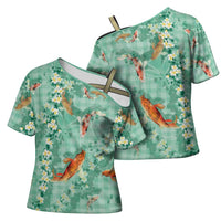 Green Palaka Hawaiian And Japanese Cross Shoulder Shirt Sakura Lei With Koi Fish - Polynesian Pride