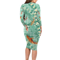 Green Palaka Hawaiian And Japanese Family Matching Long Sleeve Bodycon Dress and Hawaiian Shirt Sakura Lei With Koi Fish DT05 - Polynesian Pride
