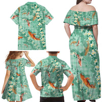 Green Palaka Hawaiian And Japanese Family Matching Off Shoulder Maxi Dress and Hawaiian Shirt Sakura Lei With Koi Fish DT05 - Polynesian Pride