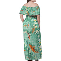 Green Palaka Hawaiian And Japanese Family Matching Off Shoulder Maxi Dress and Hawaiian Shirt Sakura Lei With Koi Fish DT05 - Polynesian Pride