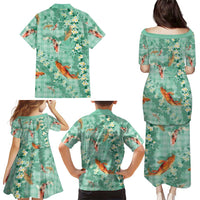 Green Palaka Hawaiian And Japanese Family Matching Puletasi and Hawaiian Shirt Sakura Lei With Koi Fish DT05 - Polynesian Pride