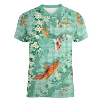 Green Palaka Hawaiian And Japanese Women V-Neck T-Shirt Sakura Lei With Koi Fish - Polynesian Pride