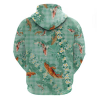 Green Palaka Hawaiian And Japanese Zip Hoodie Sakura Lei With Koi Fish - Polynesian Pride