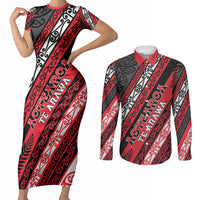 Personalised Aotearoa Te Arawa Couples Matching Short Sleeve Bodycon Dress and Long Sleeve Button Shirt New Zealand Maori Tribal Fern Pattern DT05 Red - Polynesian Pride