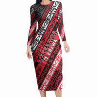 Personalised Aotearoa Te Arawa Long Sleeve Bodycon Dress New Zealand Maori Tribal Fern Pattern DT05 Long Dress Red - Polynesian Pride