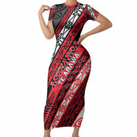 Personalised Aotearoa Te Arawa Short Sleeve Bodycon Dress New Zealand Maori Tribal Fern Pattern DT05 Long Dress Red - Polynesian Pride