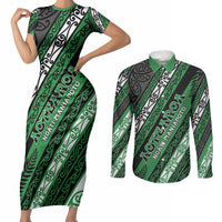 Personalised Aotearoa Ngati Maniapoto Couples Matching Short Sleeve Bodycon Dress and Long Sleeve Button Shirt New Zealand Maori Tribal Fern Pattern DT05 Green - Polynesian Pride