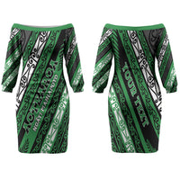 Personalised Aotearoa Ngati Maniapoto Family Matching Off The Shoulder Long Sleeve Dress and Hawaiian Shirt New Zealand Maori Tribal Fern Pattern DT05 Mom's Dress Green - Polynesian Pride