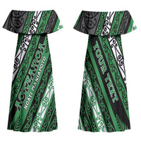 Personalised Aotearoa Ngati Maniapoto Family Matching Off Shoulder Maxi Dress and Hawaiian Shirt New Zealand Maori Tribal Fern Pattern DT05 Mom's Dress Green - Polynesian Pride