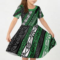 Personalised Aotearoa Ngati Maniapoto Kid Short Sleeve Dress New Zealand Maori Tribal Fern Pattern DT05 KID Green - Polynesian Pride