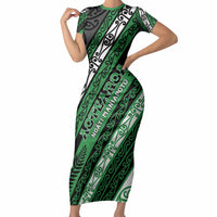 Personalised Aotearoa Ngati Maniapoto Short Sleeve Bodycon Dress New Zealand Maori Tribal Fern Pattern DT05 Long Dress Green - Polynesian Pride