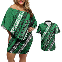 Personalised Aotearoa Ngati Raukawa Couples Matching Off Shoulder Short Dress and Hawaiian Shirt New Zealand Maori Tribal Fern Pattern