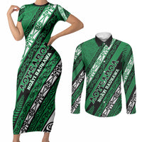 Personalised Aotearoa Ngati Raukawa Couples Matching Short Sleeve Bodycon Dress and Long Sleeve Button Shirt New Zealand Maori Tribal Fern Pattern DT05 Green - Polynesian Pride