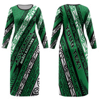 Personalised Aotearoa Ngati Raukawa Family Matching Long Sleeve Bodycon Dress and Hawaiian Shirt New Zealand Maori Tribal Fern Pattern DT05 Mom's Dress Green - Polynesian Pride