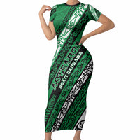 Personalised Aotearoa Ngati Raukawa Short Sleeve Bodycon Dress New Zealand Maori Tribal Fern Pattern DT05 Long Dress Green - Polynesian Pride