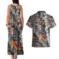 Black Palaka Hawaiian And Japanese Couples Matching Tank Maxi Dress and Hawaiian Shirt Sakura Lei With Koi Fish DT05 - Polynesian Pride