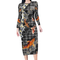 Black Palaka Hawaiian And Japanese Family Matching Long Sleeve Bodycon Dress and Hawaiian Shirt Sakura Lei With Koi Fish DT05 Mom's Dress Black - Polynesian Pride