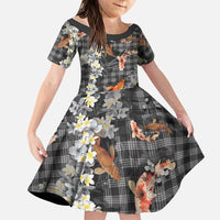 Black Palaka Hawaiian And Japanese Family Matching Off Shoulder Maxi Dress and Hawaiian Shirt Sakura Lei With Koi Fish DT05 Daughter's Dress Black - Polynesian Pride
