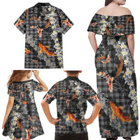 Black Palaka Hawaiian And Japanese Family Matching Off Shoulder Maxi Dress and Hawaiian Shirt Sakura Lei With Koi Fish DT05 - Polynesian Pride