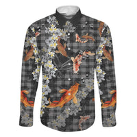 Black Palaka Hawaiian And Japanese Family Matching Off Shoulder Short Dress and Hawaiian Shirt Sakura Lei With Koi Fish DT05 Dad's Shirt - Long Sleeve Black - Polynesian Pride